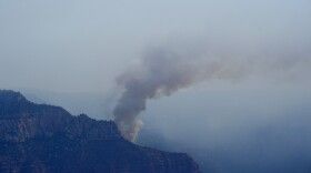 Smoke from the Dragon Bravo Fire moves over the Grand Canyon along the North Rim Tuesday, July 15, 2025, in Grand Canyon National Park, Ariz.