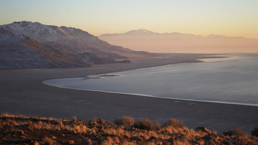 A view of the Great Salt Lake shoreline at dusk.