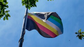 The Disability Pride Flag flies in the wind above Niagara Square in downtown Buffalo, New York on July 8, 2026.