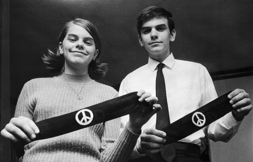 In 1968, Mary Beth Tinker and her brother, John, display two black armbands they used to protest the Vietnam War at school.