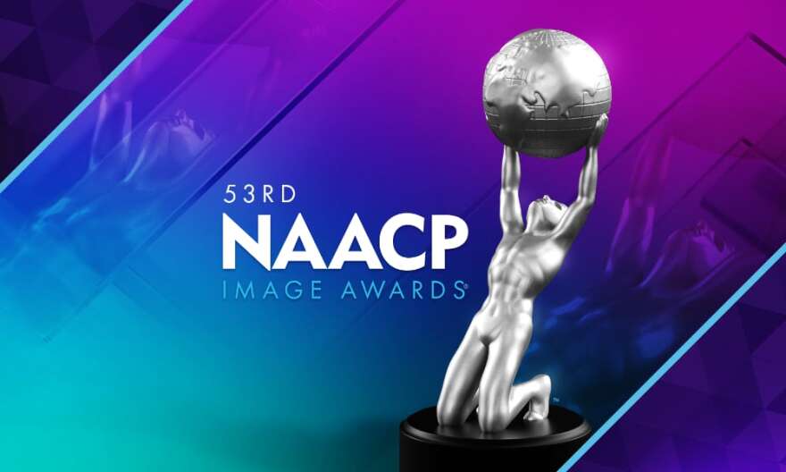 A purple and green background and a silver statue. The words 53rd NAACP Image Awards appear.