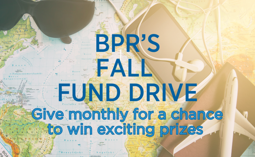 Map with sunglasses, toy plane, passports, and blue text 