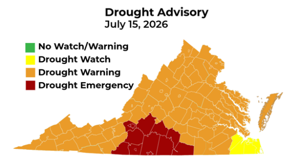 a map of drought advisory areas in Virginia, including a drought emergency for the Roanoke Drought Monitoring Region