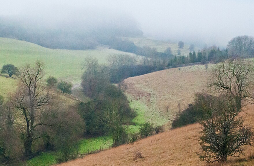 color photo of rolling hills in the English countryside