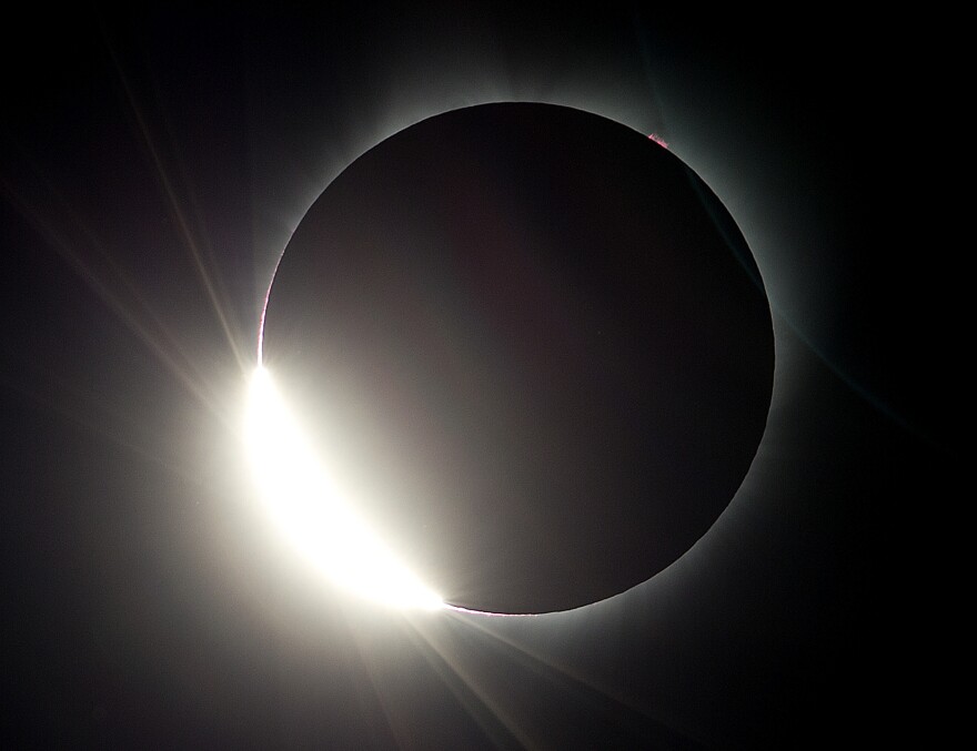 The moon almost eclipses the sun during a near total solar eclipse as seen from Salem, Ore., Monday, Aug. 21, 2017. (AP Photo/Don Ryan)