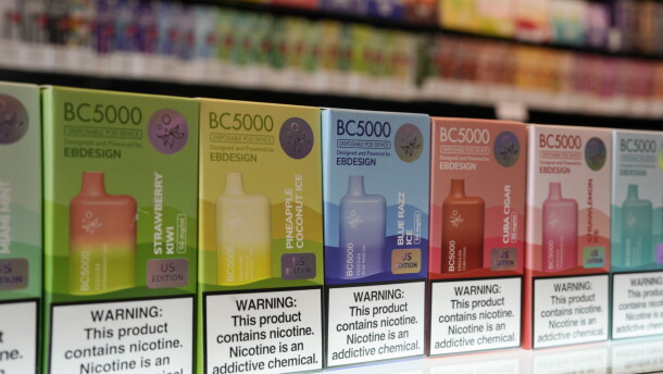 FILE - Varieties of disposable flavored electronic cigarette devices manufactured by EB Design, formerly known as Elf Bar, are displayed at a store in Pinecrest, Fla., Monday, June 26, 2023. (AP Photo/Rebecca Blackwell, File)