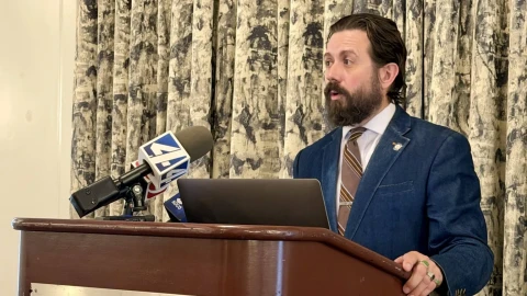 Oklahoma Rep. Jared Deck, D-Norman, speaks about candidate loans at a press conference at the Skirvin Hotel in Oklahoma City on Thursday, Oct. 15, 2026. Deck wants banking regulators and campaign finance watchdogs to scrutinize loans to GOP gubernatorial candidate Mike Mazzei.
