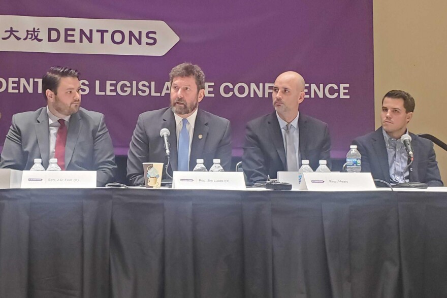 Left to right, Sen. J.D. Ford (D-Indianapolis), Rep. Jim Lucas (R-Seymour), Marion County Prosecutor Ryan Mears, and Matt Roman with Stash Ventures LLC speak about legalizing cannabis in Indiana at the Denton’s Legislative Conference in December.