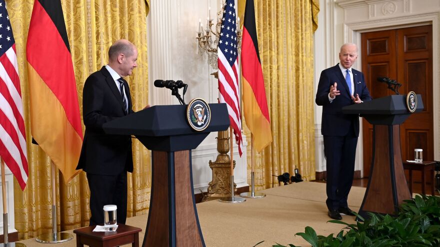 President Biden speaks during a joint press conference with German Chancellor Olaf Scholz at the White House on Monday.