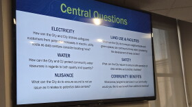 A slide displays sessions topics for the City of Springfield's public engagement sessions on data centers.