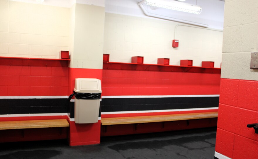 A red and black locker room