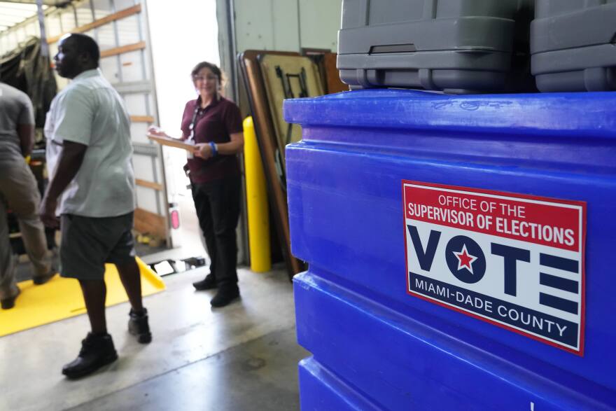 Employees prepare voting equipment at the Miami-Dade Supervisor of Elections Training and Support Center warehouse to be transported to voting precincts in advance of the August 18 Florida primary election, Thursday, Aug. 13, 2026, in Doral, Fla.
