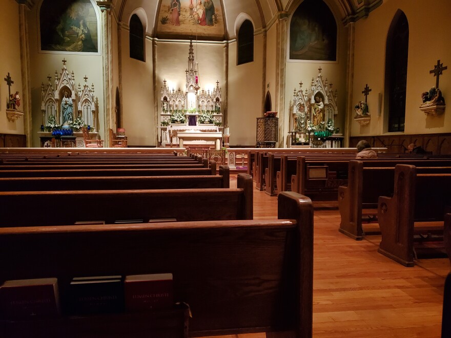 The interior of St. Patrick's Catholic Church while it was open for limited silent prayer earlier this week. Friday, Bishop Robert Brennan announced all parishes should close their doors effective immediately.