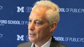 Rahm Emanuel at the University of Michigan following his address in Detroit on February 17, 2026.