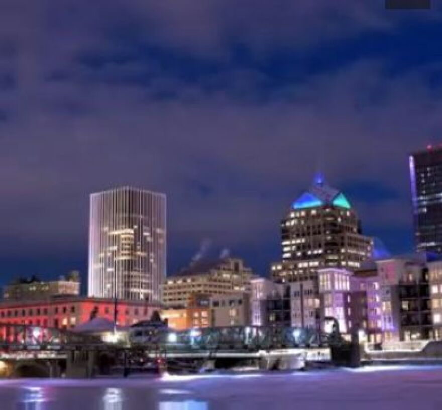 Lights On Rochester coordinates color-coordinated light schemes for various downtown building