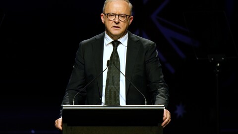 Australian Prime Minister Anthony Albanese speaks during a National Day of Mourning event at the Sydney Opera House in Sydney, Thursday, Jan. 22, 2026, in remembrance of the 15 people shot dead at a Jewish festival in Sydney last month. (AP Photo/Rick Rycroft)
