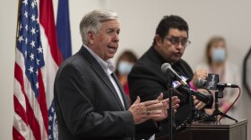 Gov. Mike Parson answers a reporter's question at a press conference in Clayton on May 29, 2020.
