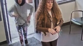 Surveillance video released by authorities of Ashlee Buzzard (left) and her daughter Melodee wearing disguises at a Lompoc rental car office.