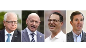 This composite left to right, shows Minnesota Gov. Tim Walz, center, July 3, 2024, in Washington, Sen. Mark Kelly, D-Ariz., June 4, 2024, in Washington, Pennsylvania Gov. Josh Shapiro, July 20, 2024, in Pittsburgh, and Kentucky Gov. Andy Beshear in Frankfort, Ky., July 22, 2024. As Vice President Kamala Harris prepares to announce her running mate, a new poll from the Associated Press-NORC Center for Public Affairs Research finds that several of the top potential contenders for the role are largely unknown to voters. (AP Photo)