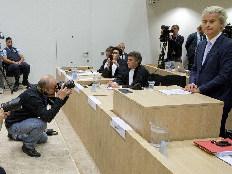 Wilders (right) prepares to address judges at a high-security court during his November hate-speech trial in Amsterdam. He lost the case but faced no legal punishment.