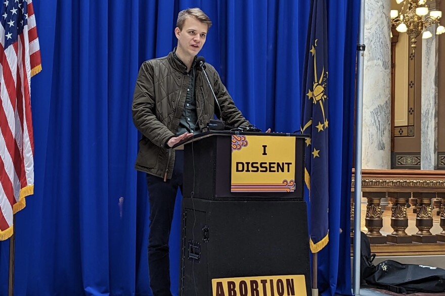 Nick Roberts speaking about reproductive rights at the Indiana Statehouse.