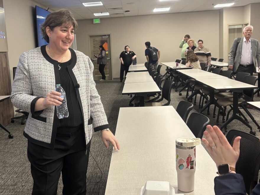 Michelle Allmendinger, Vice President of Student Affairs at Southeastern Community College, in Burlington, Iowa, is a president finalist for Western Iowa Tech Community College in Sioux City, and spoke on campus on April 8, 2025. (Bret Hayworth, Siouxland Public Media News)