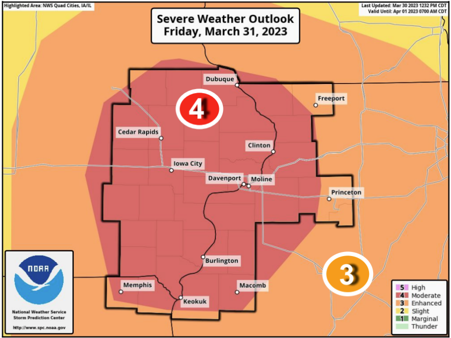 The weather service now says 30 tornadoes have been confirmed as part of the March 31 outbreak in Illinois and Iowa. There were also reports of large hail and damaging winds.