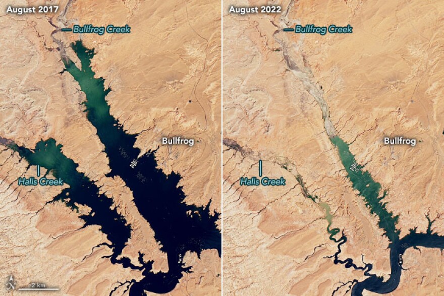 These side-by-side satellite images from NASA show how the Bullfrog area of Lake Powell lost water level between August of 2017 and 2022.