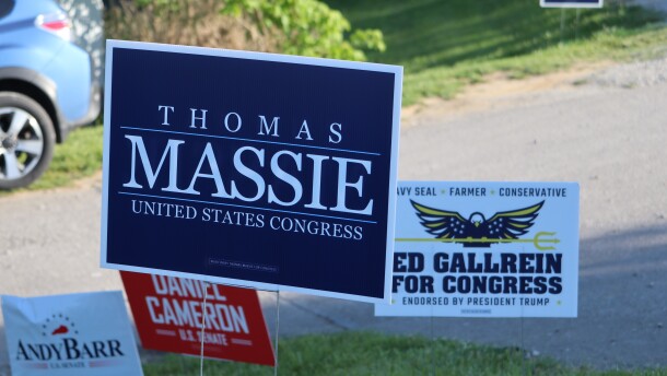 Yard signs outside the Pendleton Hills Country Club in Butler, Ky., ahead of the 2026 primary election.