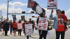 Indigenous families with loved ones who have gone missing or been murdered march in Farmington, New Mexico on May 5, 2023.