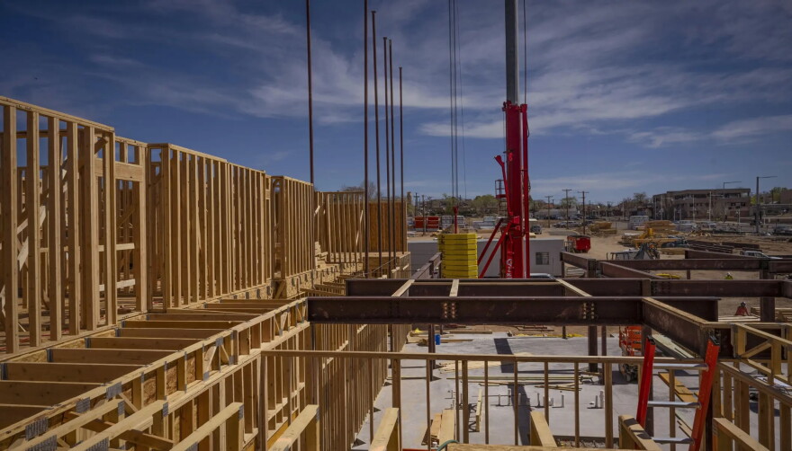 A hotel and food hall under construction near Presbyterian Hospital on Central Avenue in March. As the election for New Mexico’s next governor approaches, local real estate leaders say the state’s gross receipts tax makes it hard to do business and attract new projects and capital.