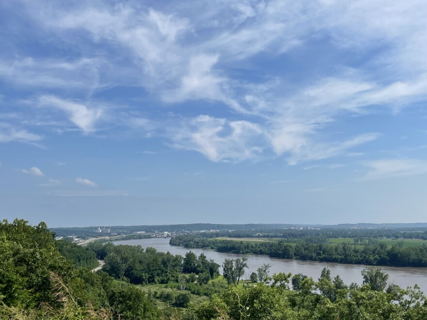 View of the Missouri River, St. Joseph, and Kansas from the Huston Wyeth Hill Scenic Overlook.