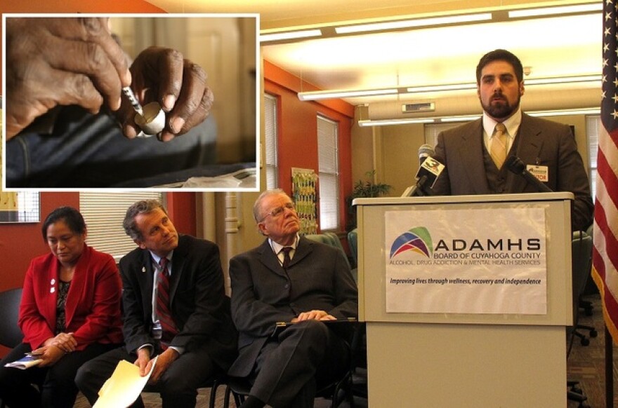 Jordan Puccinelli (podium) talks while Senator Brown (middle seat) and others listen (pics: Brian Bull, WBEZ (inset)).