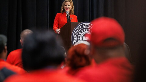 Secretary of State Jocelyn Benson speaks at the UAW Community Action Program Conference in Lansing, Mich., on Sept. 16, 2026.