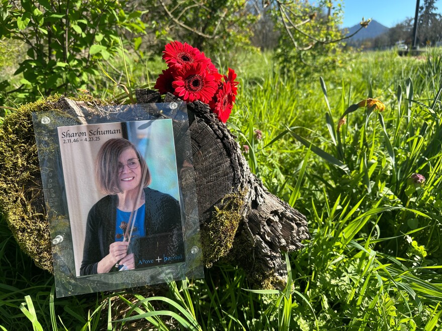 A memorial for Sharon Schuman on Amazon Trail in Eugene, April 3, 2026.