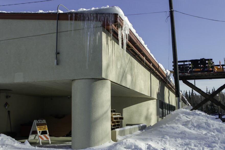 Icicles at the corner of a school.