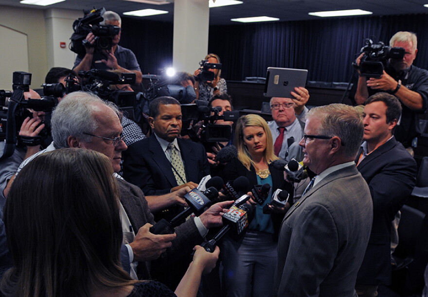 Senate Majority Floor Leader Damon Thayer, R-Georgetown, speaks with the press following the Senate State and Local Government Committee.