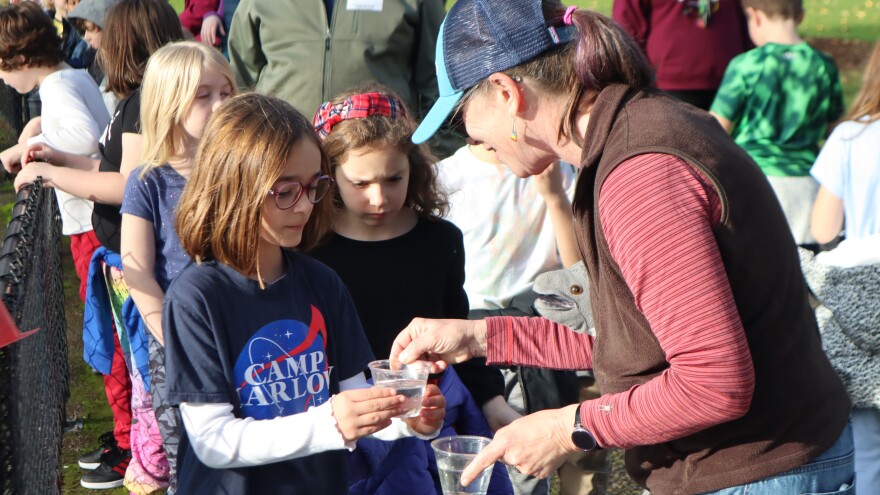 Tana Shepard hands salmon fry out to students who will release them into a pond where they can make their way into the Willamette River.