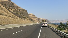 An ODOT maintenance truck is parked on the shoulder of I-84 near Arlington on Aug. 13, at the site of the Aug. 11 crash that killed a stranded driver and seriously injured an ODOT employee who had stopped to help him.