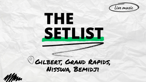 "The Setlist" and "Gilbert, Grand Rapids, Nisswa, Bemidji" written over a crumpled paper background.