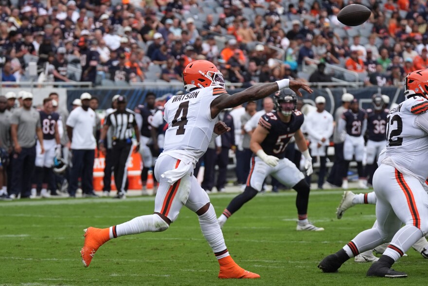 Cleveland Browns quarterback Deshaun Watson (4) passes during the first half of a preseason NFL football game, Saturday, Aug. 15, 2026, in Chicago.  