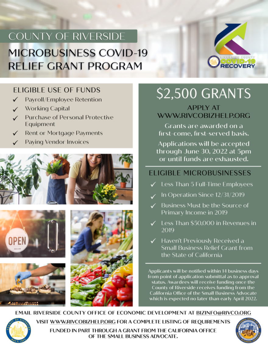 The Riverside County Microbusiness COVID-19 Relief Grant Program flyer.