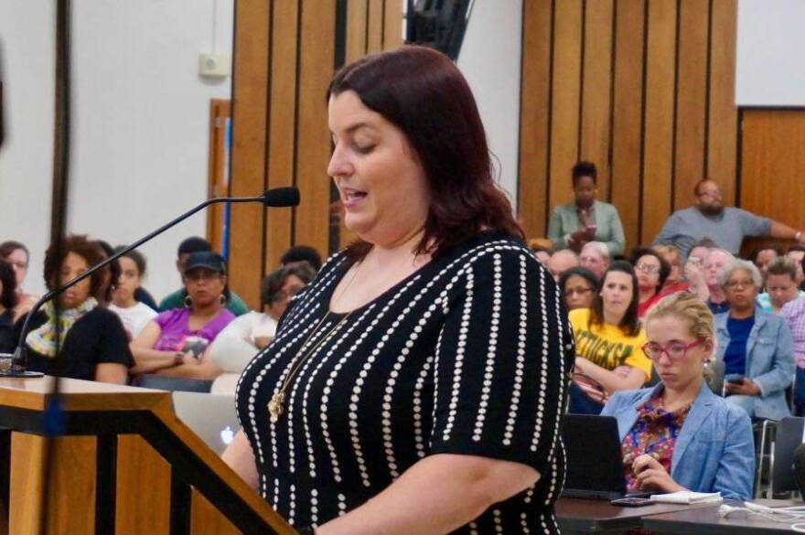 Teacher Tina Ahlgren spoke to the Indianapolis Public Schools Board in June about the importance of making the high school closing process easier for teachers.