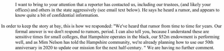 An excerpt from an email sent by Hampshire College President Miriam Nelson on January 10, 2019, to the UMass Amherst chancellor, the presidents of Smith, Amherst and Mount Holyoke colleges, and the executive director of the Five College Con