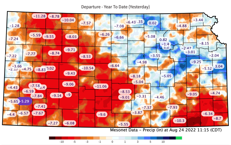  This map from Kansas Mesonet shows how below-average precipitation totals are for various places across Kansas. A higher number (and darker red coloring) means that a location is more dry this year compared with historical averages.