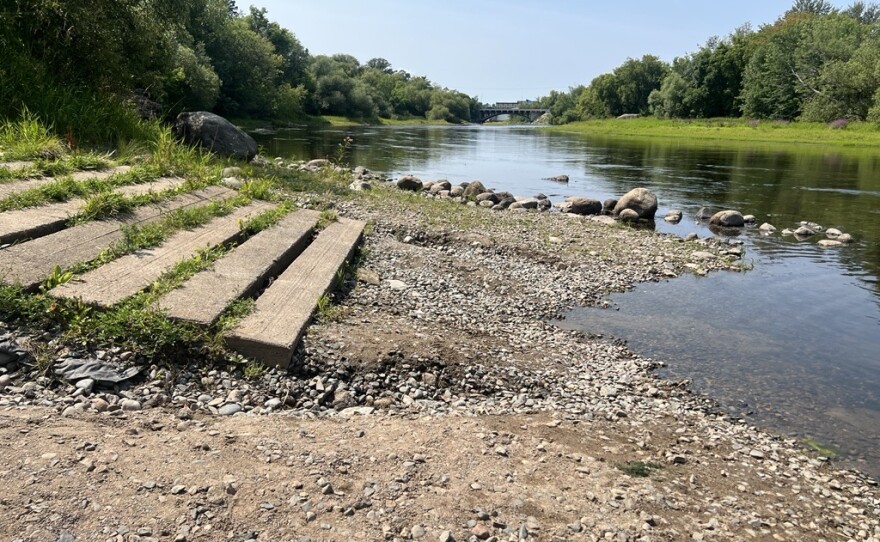 A public water access ramp does not reach the Mississippi River in Itasca County during a storage drought. There is a gap of dry land between the ramp and the river. 