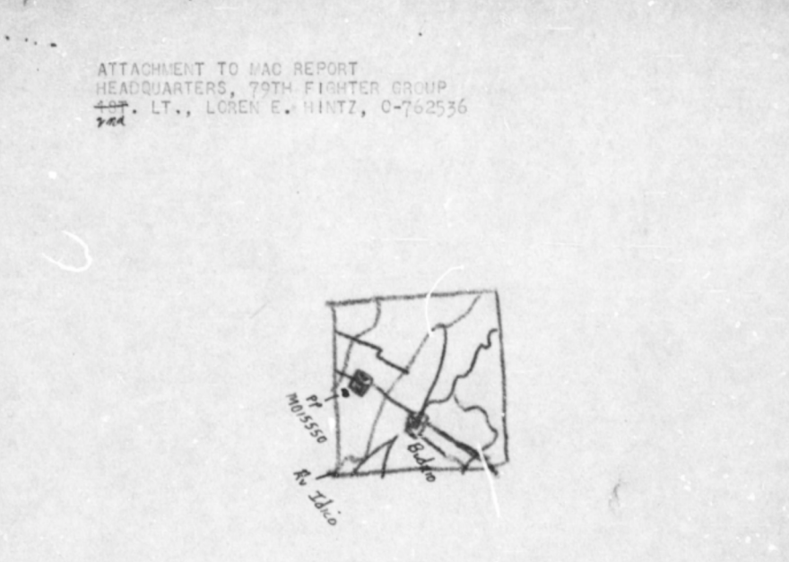 This page from the Missing Air Crew Report (MACR) has a cryptic map, with the coordinates M-01555 (M: sector on a map, 015: northing, 550: easting) representing the target for the last mission Lt. Loren Hintz flew and the last known general location he was seen. The crash site excavated was approximately a mile from the coordinate on this map.