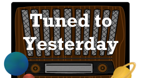 Illustration of a vintage radio with the text 'Tuned to Yesterday' and three colorful planets representing the science fiction genre.
