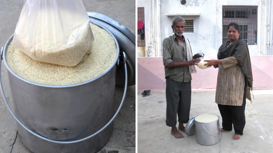 Rice is just as nice as ice when it comes to bucket challenges. Right: Manju Latha Kalanidhi, creator of the Rice Bucket Challenge, gives grains to a hard-working neighbor.