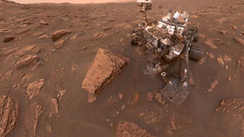 A self-portrait of NASA's Curiosity rover taken on Sol 2082 (June 15, 2018). A Martian dust storm has reduced sunlight and visibility at the rover's location in Gale Crater. Self-portraits are created using images taken by Curiosity's Mars Hands Lens Imager